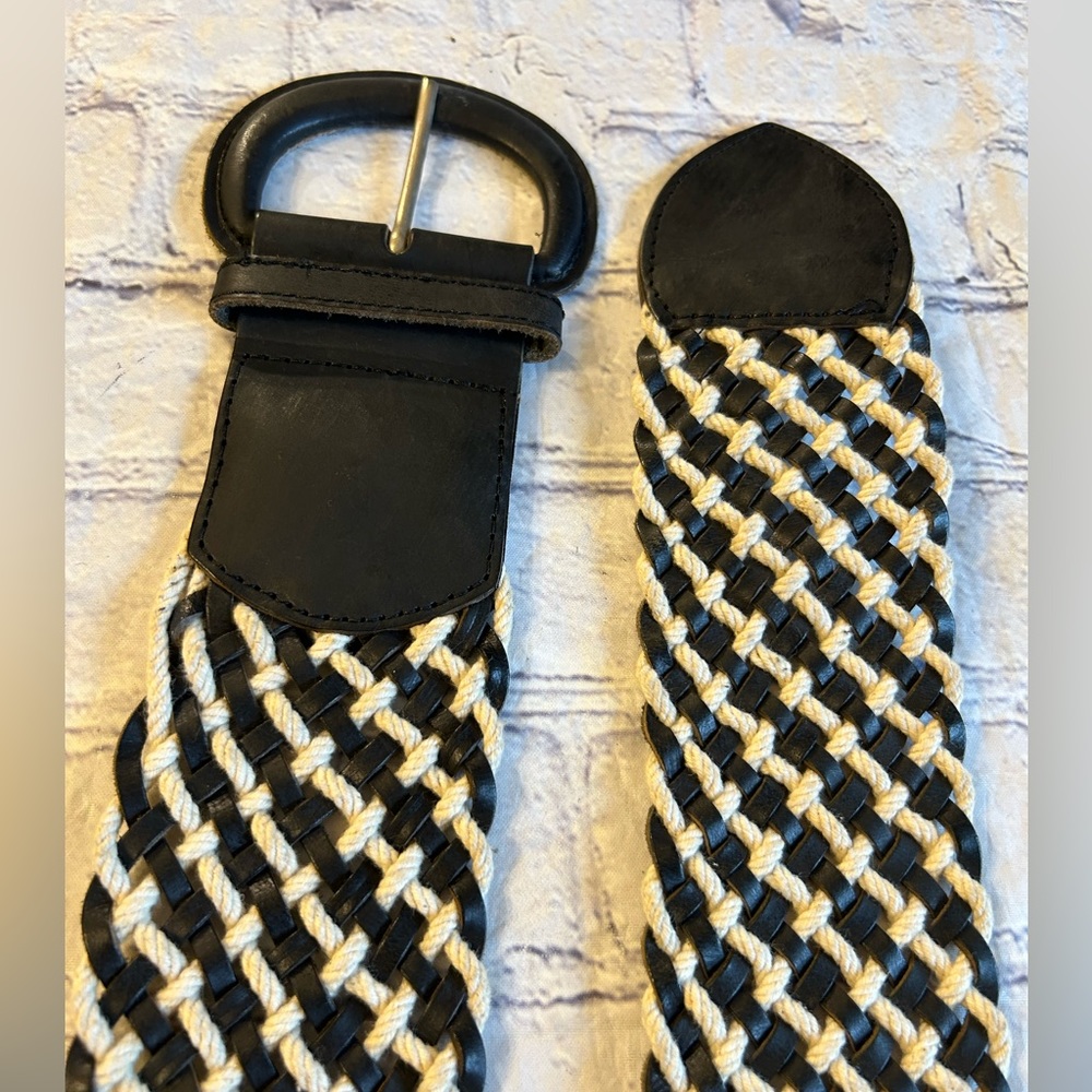 APT.9 WIDE BLACK AND CREAM WOVEN ON BRAZILIAN LEATHER INDIA MADE WOMENS BELT L - Picture 3 of 8